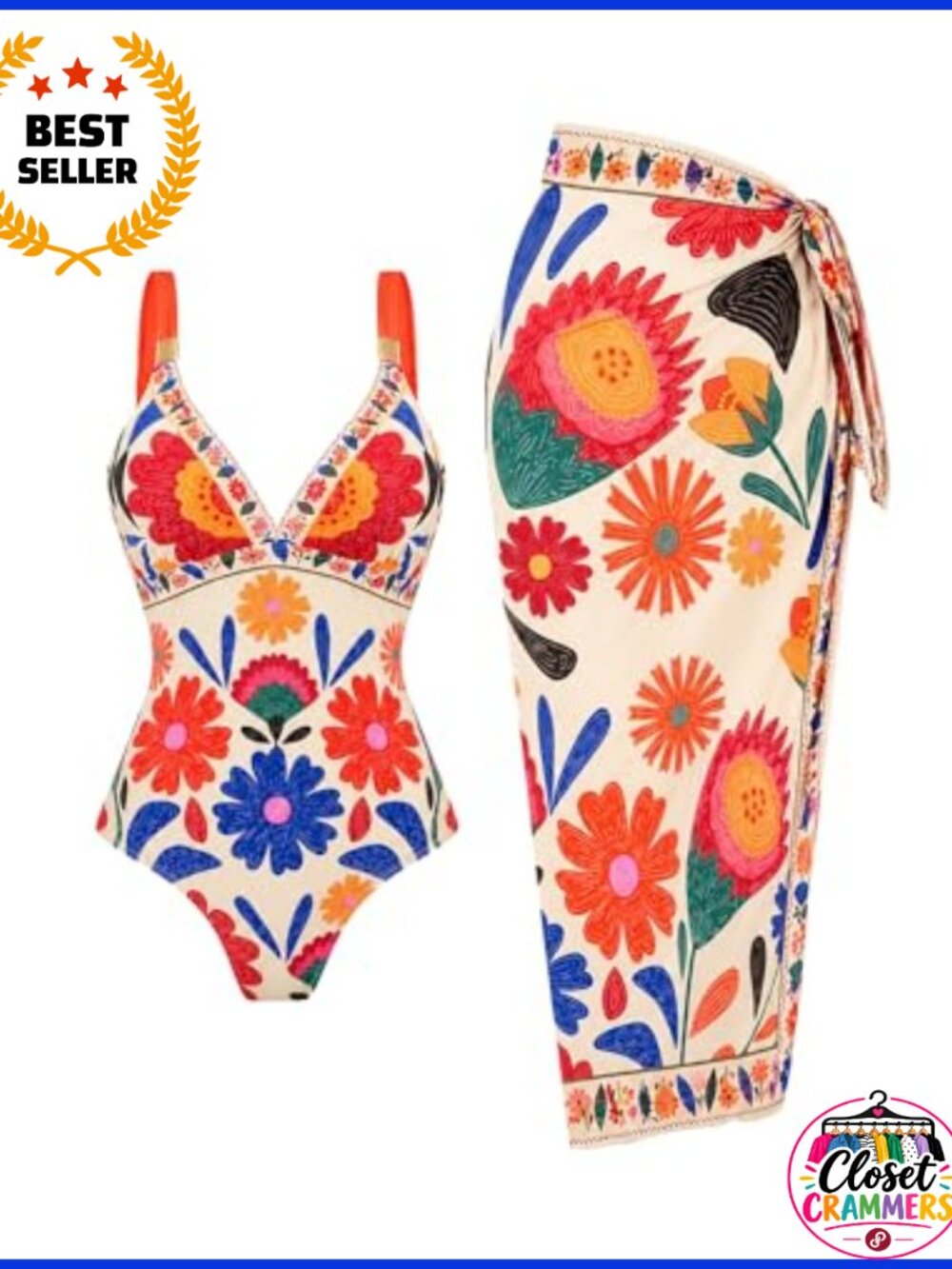 One Piece Swimsuit with Sarong Cover Up V Neck Floral Print
